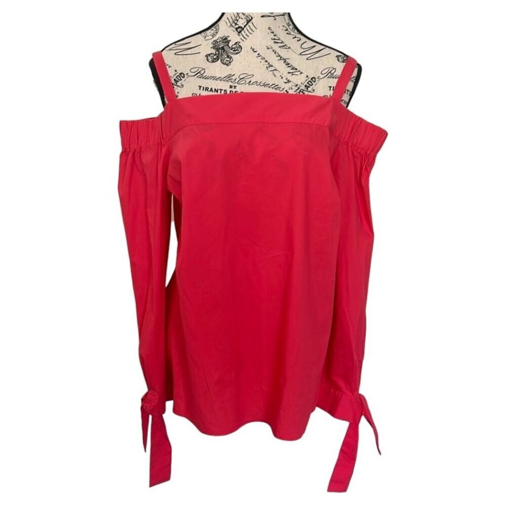 Worthington Coral Red Cold Shoulder Tie-Cuff Blouse Women's Large NWT